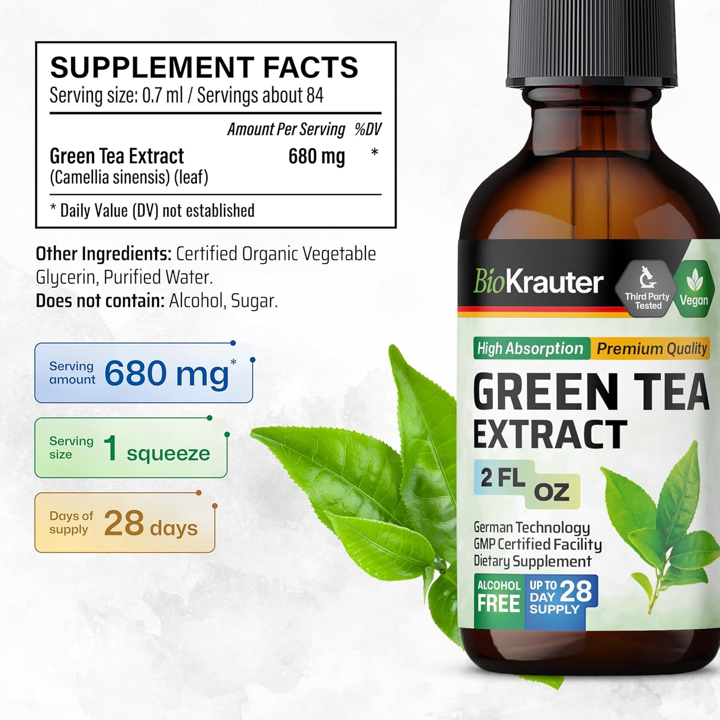 Green Tea Extract Drops - Antioxidant Supplement - Alcohol & Sugar Free - 2 Fl.Oz.