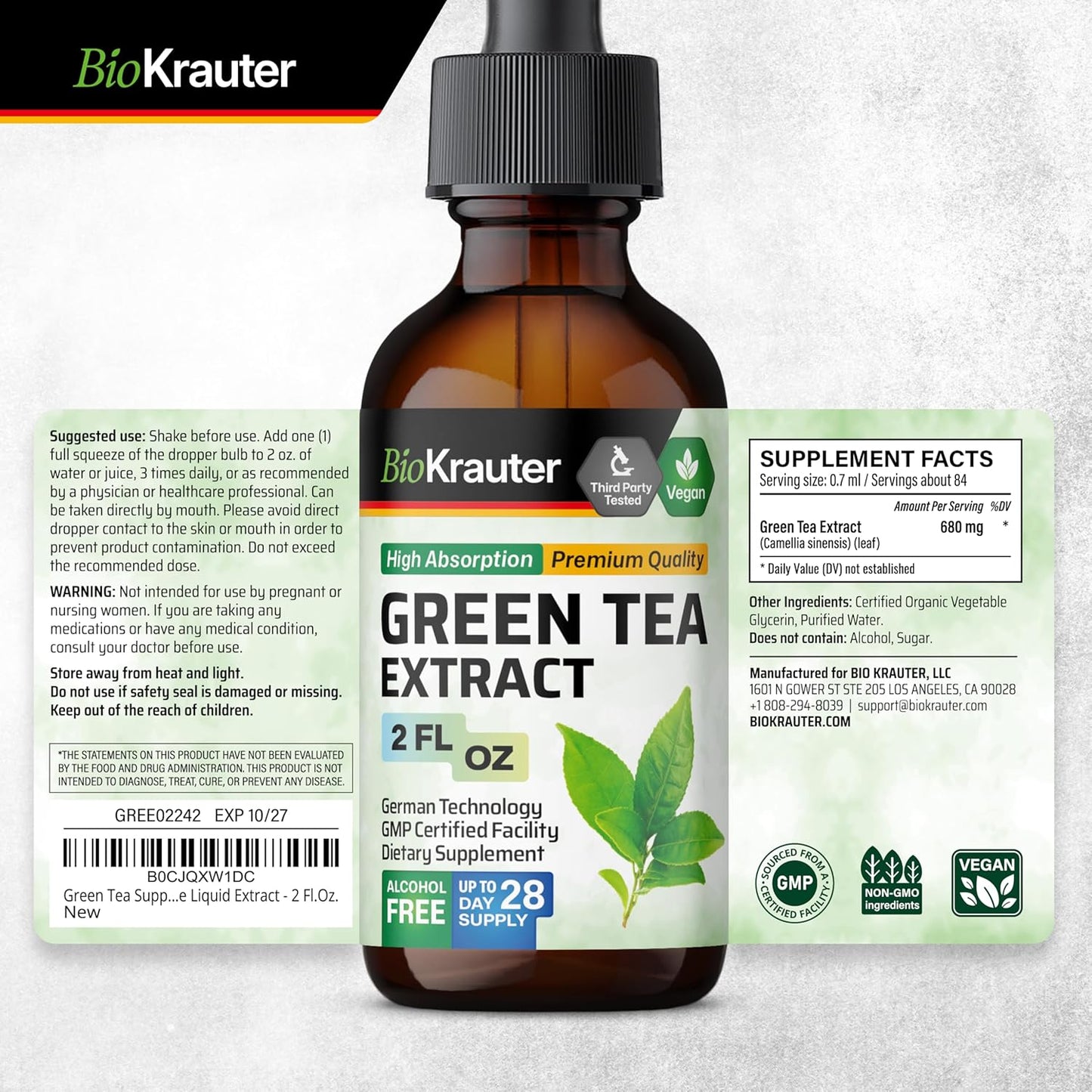 Green Tea Extract Drops - Antioxidant Supplement - Alcohol & Sugar Free - 2 Fl.Oz.