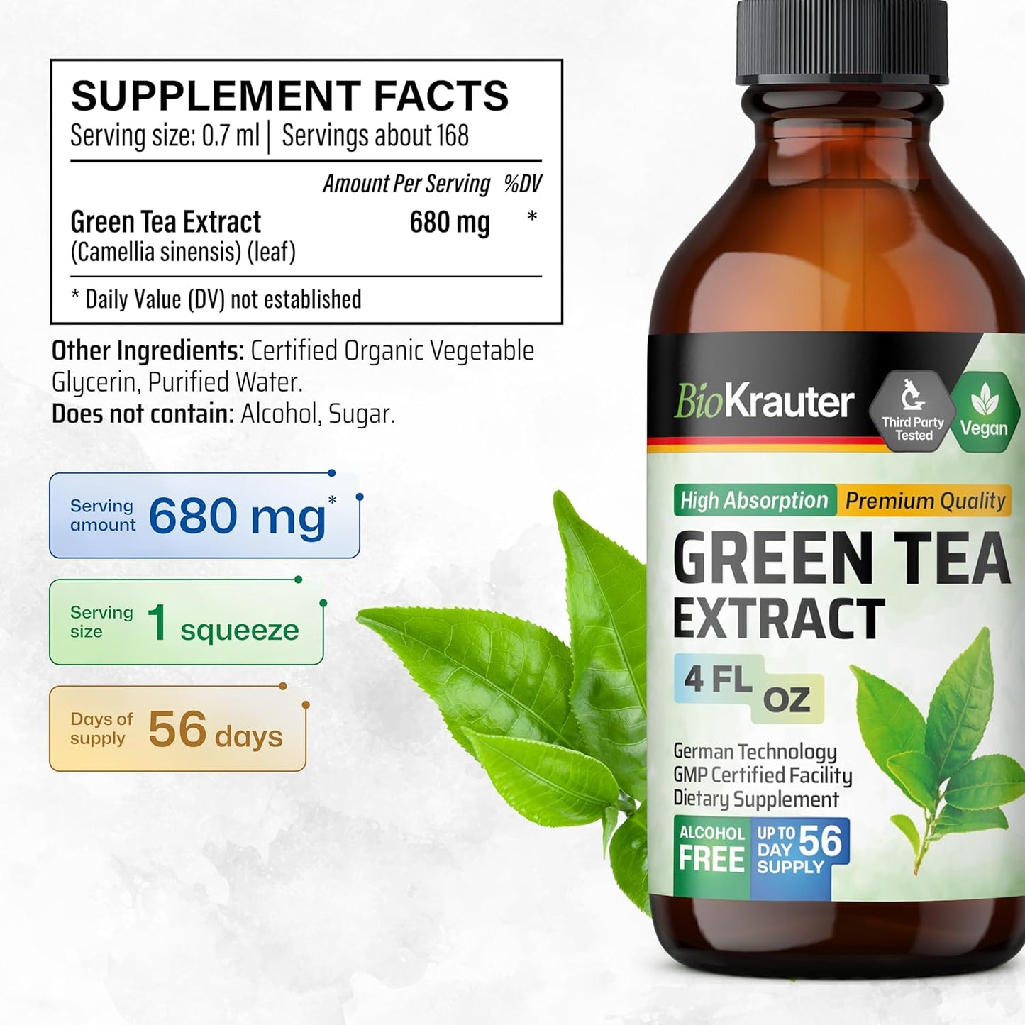 Green Tea Extract Liquid Drops - Antioxidant Source - Alcohol and Sugar Free - 4 Fl.Oz.