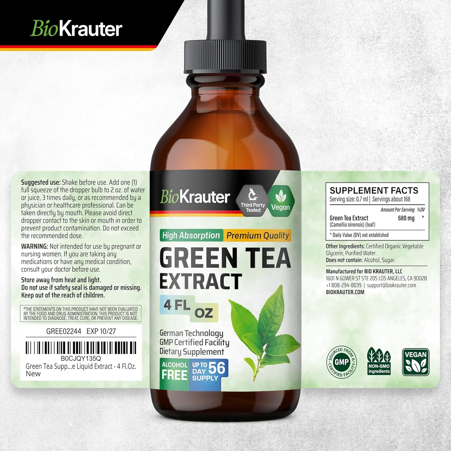 Green Tea Extract Liquid Drops - Antioxidant Source - Alcohol and Sugar Free - 4 Fl.Oz.