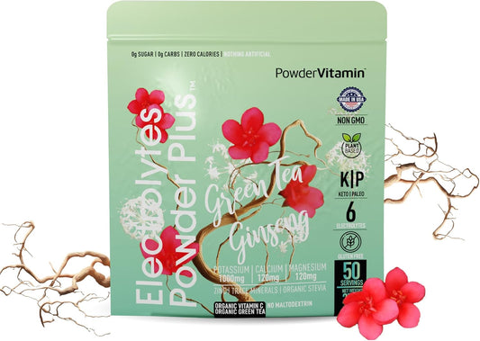 Green Tea Ginseng Electrolyte Powder with PowderVitamin - Keto-Friendly, Sugar-Free Hydration Powder with Pink Himalayan Salt, 1000mg Potassium, 120mg Calcium, 120mg Magnesium - 50 Servings