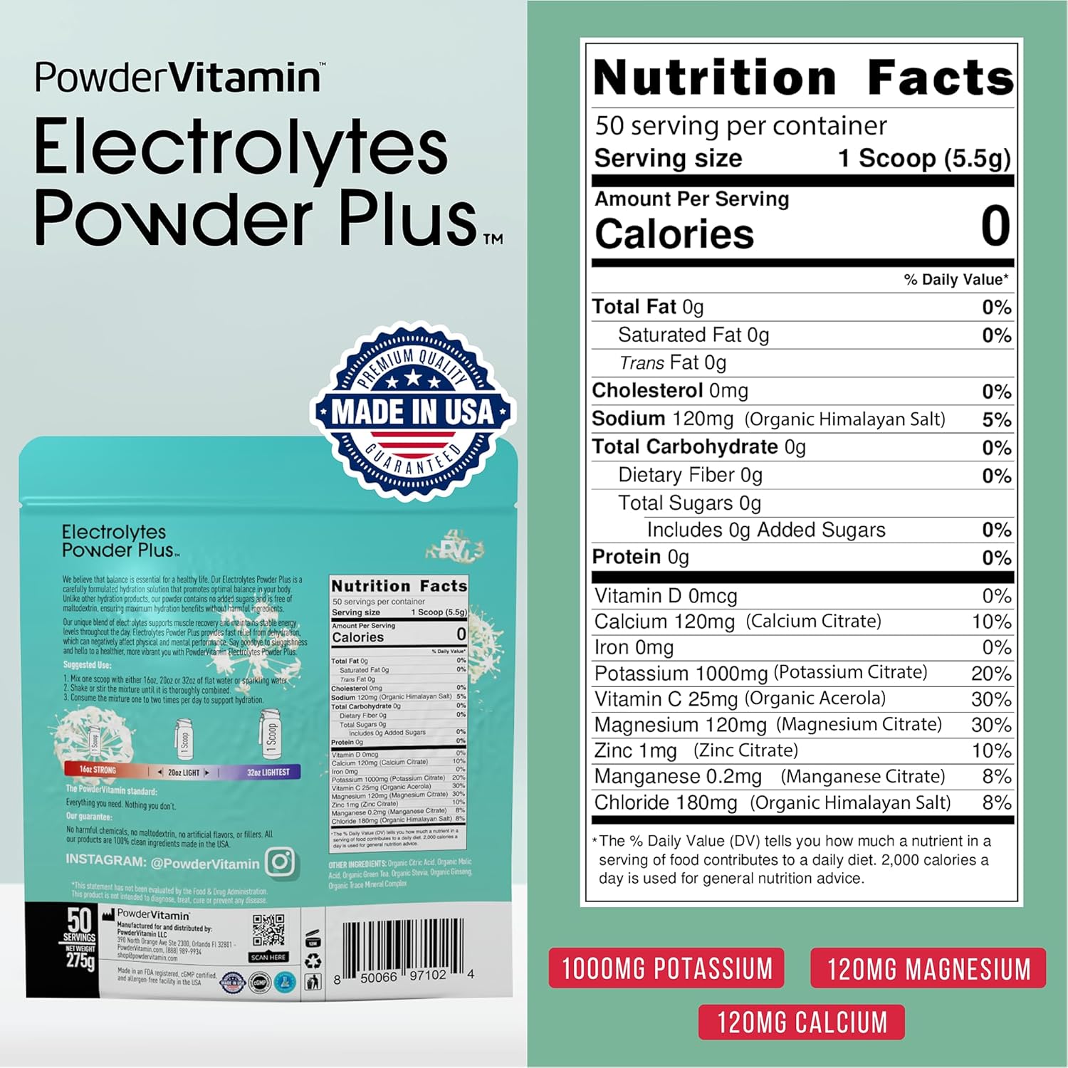 Green Tea Ginseng Electrolyte Powder with PowderVitamin - Keto-Friendly, Sugar-Free Hydration Powder with Pink Himalayan Salt, 1000mg Potassium, 120mg Calcium, 120mg Magnesium - 50 Servings