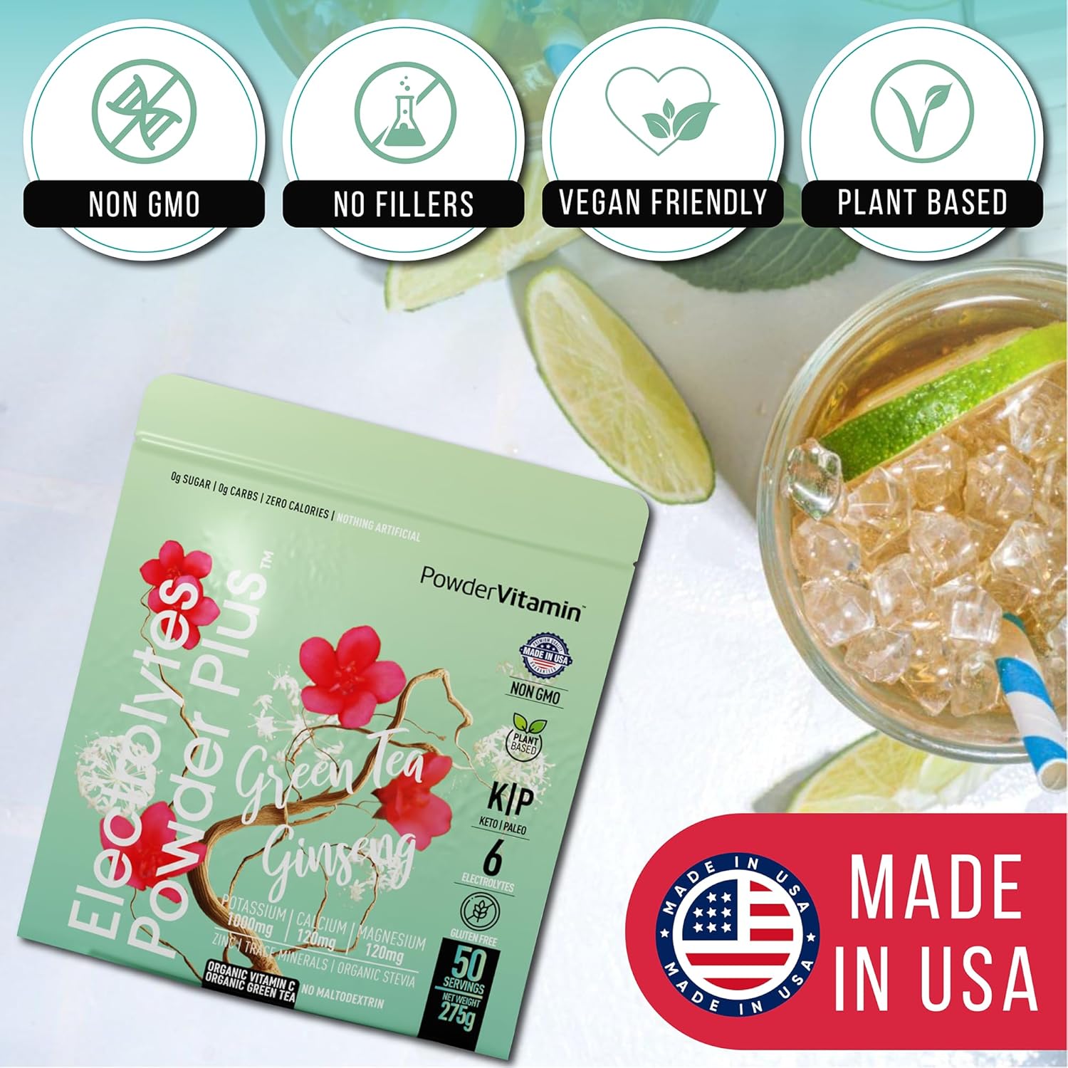 Green Tea Ginseng Electrolyte Powder with PowderVitamin - Keto-Friendly, Sugar-Free Hydration Powder with Pink Himalayan Salt, 1000mg Potassium, 120mg Calcium, 120mg Magnesium - 50 Servings