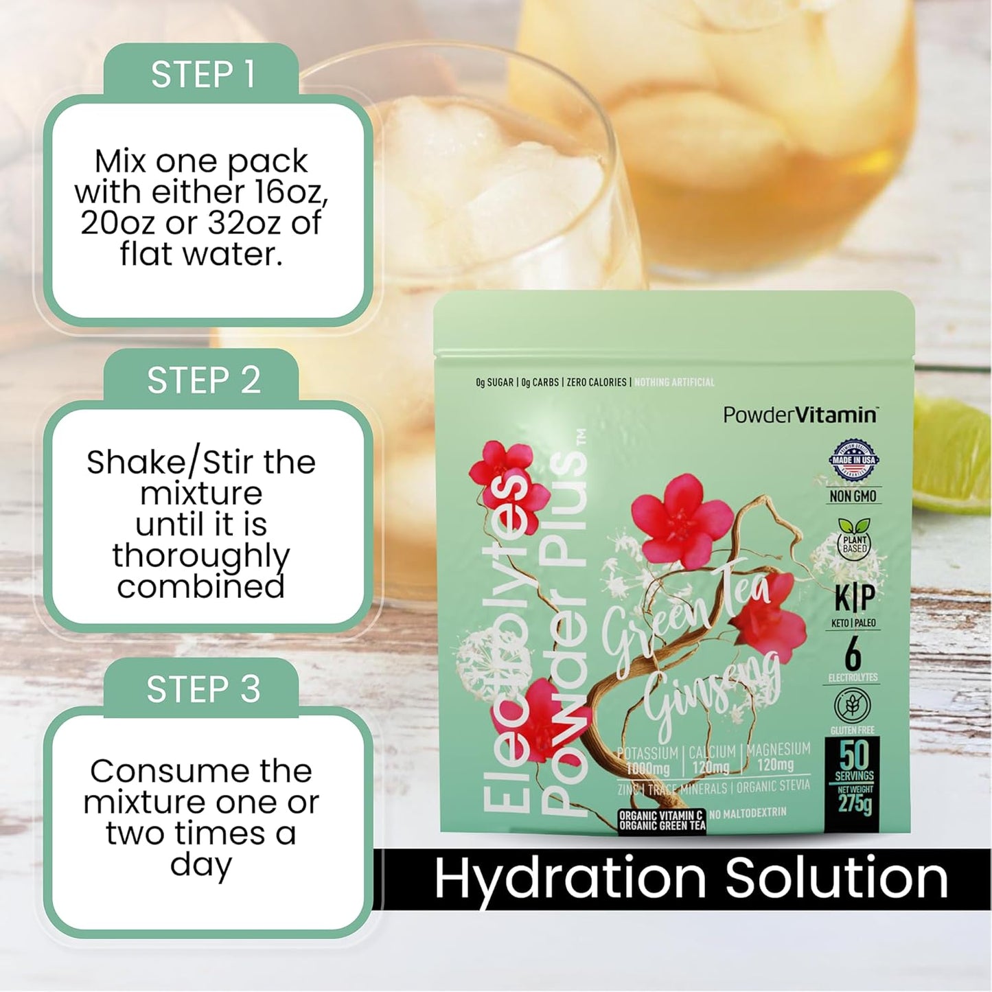 Green Tea Ginseng Electrolyte Powder with PowderVitamin - Keto-Friendly, Sugar-Free Hydration Powder with Pink Himalayan Salt, 1000mg Potassium, 120mg Calcium, 120mg Magnesium - 50 Servings