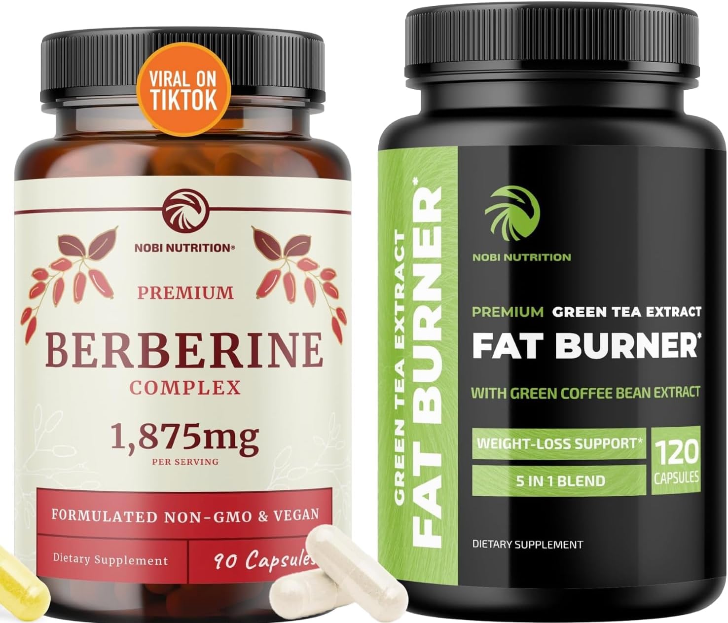 Green Tea Weight Loss Pills and Berberine Complex Supplement Bundle - Metabolism Booster, Sugar Support, Appetite Suppressant, Belly Fat Reducer, Green Coffee & Bitter Melon