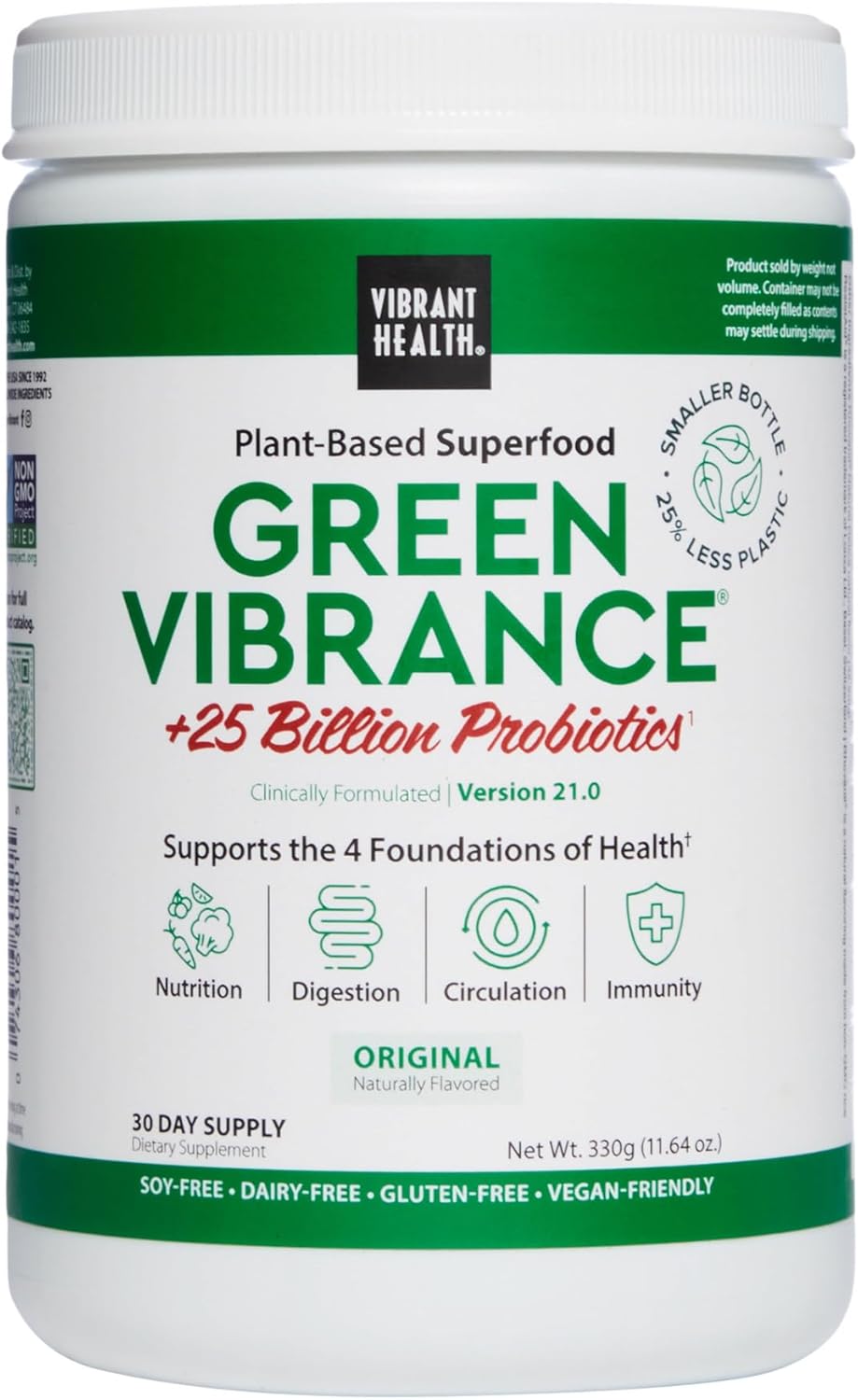 Green Vibrance Superfood Powder - 65 Plant-Based Superfoods, 25 Billion Probiotics, Fiber, Adaptogens & Enzymes - 30 Servings