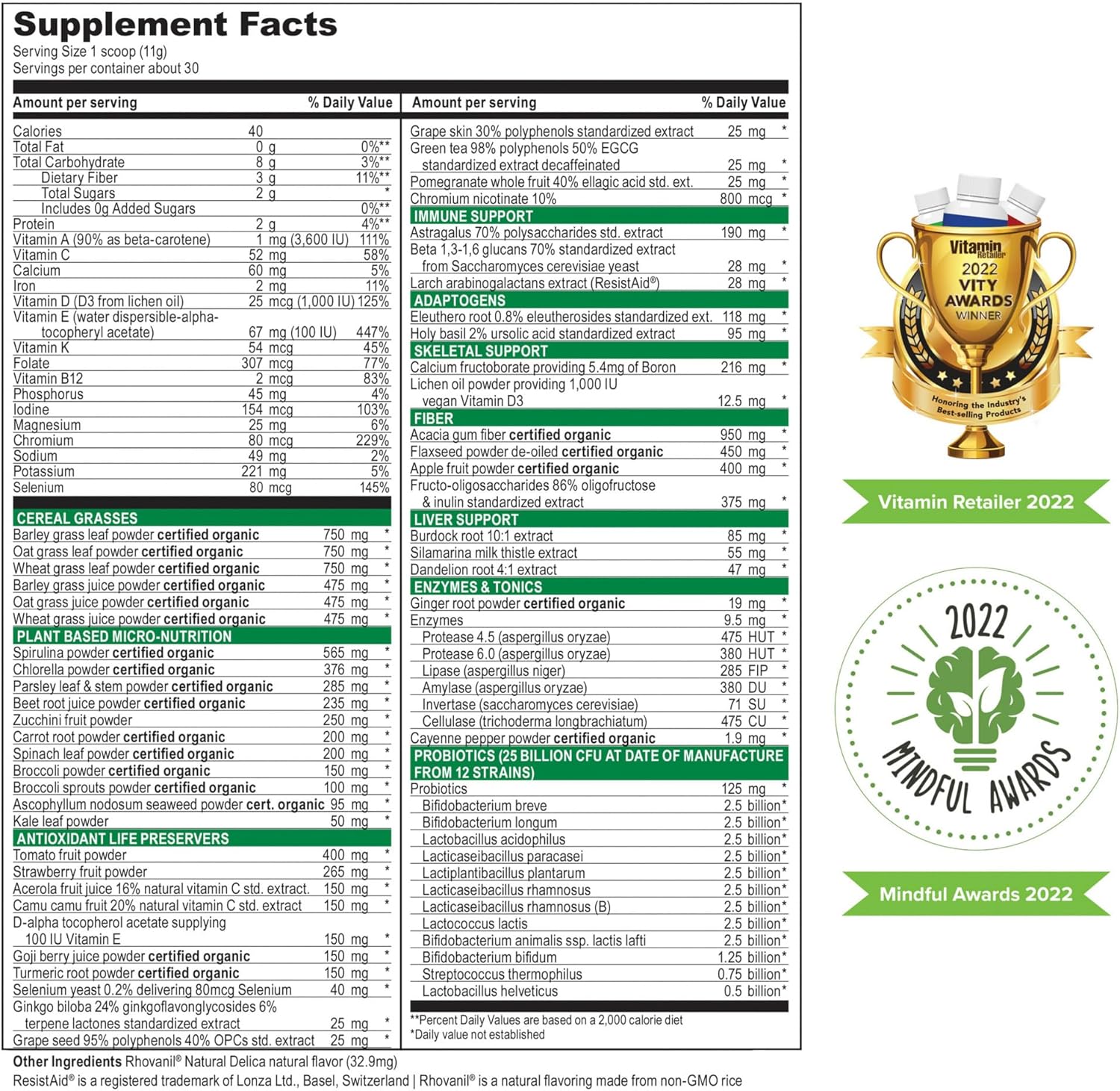Green Vibrance Superfood Powder - 65 Plant-Based Superfoods, 25 Billion Probiotics, Fiber, Adaptogens & Enzymes - 30 Servings