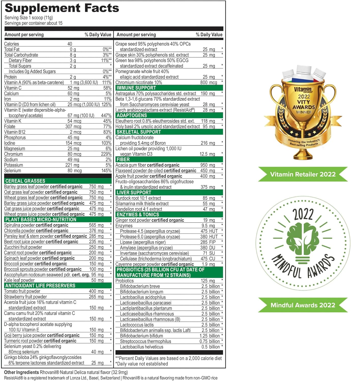 Green Vibrance Vegan Superfood Powder for Vibrant Health, 15 Servings