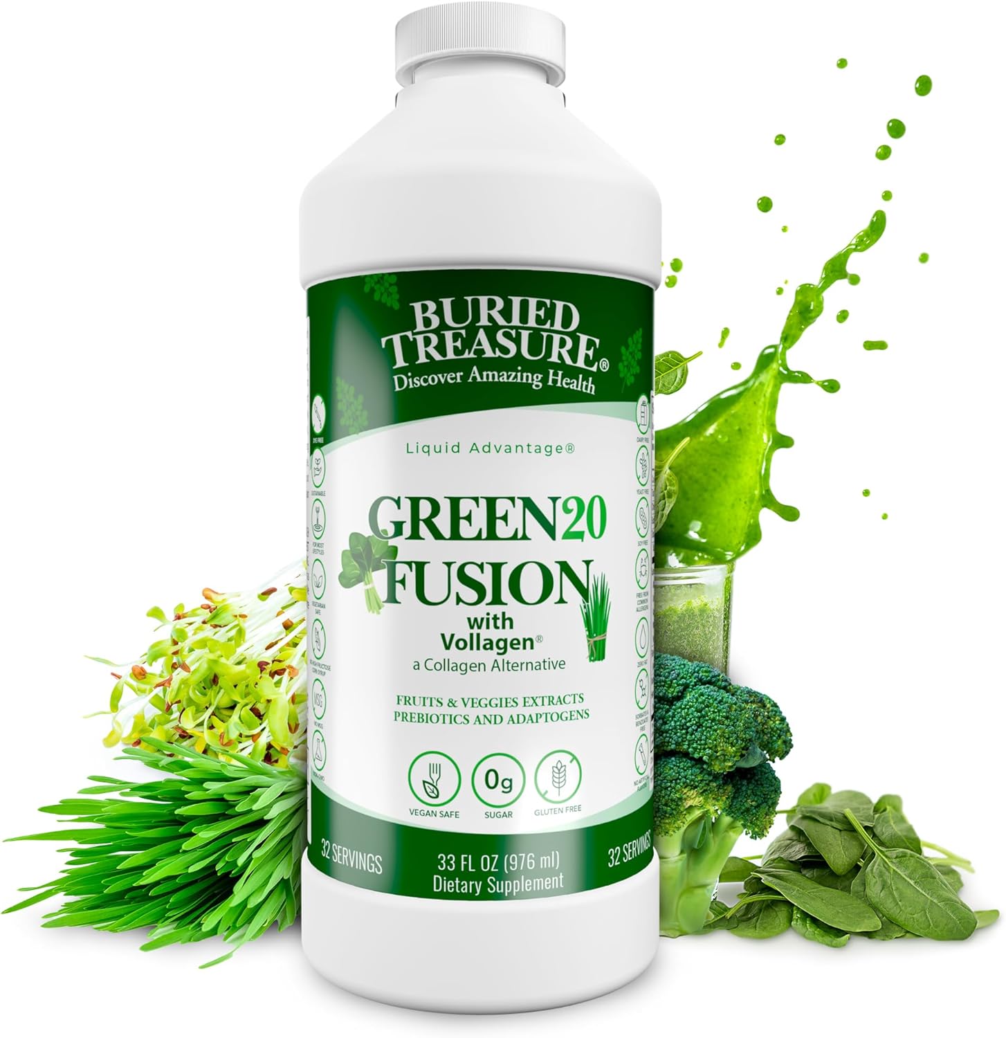 Green20 Fusion Liquid Greens Drink - 32 Servings, 16 Superfoods including Spirulina, Spinach, Moringa - Supports Energy, Immunity, & Digestive Health - Vegan Collagen & Green Tea Blend