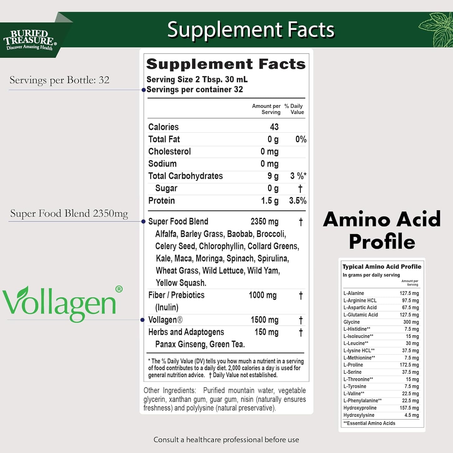 Green20 Fusion Liquid Greens Drink - 32 Servings, 16 Superfoods including Spirulina, Spinach, Moringa - Supports Energy, Immunity, & Digestive Health - Vegan Collagen & Green Tea Blend