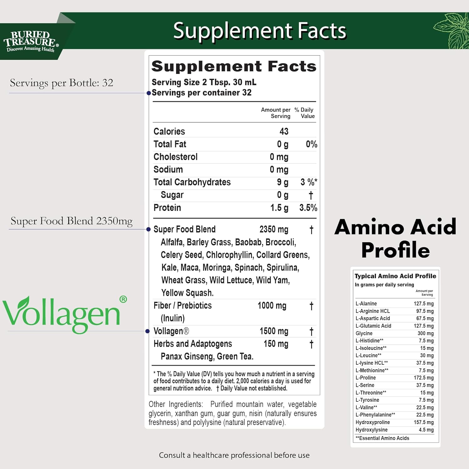 Green20 Fusion Liquid Greens Drink - 32 Servings, 16 Superfoods including Spirulina, Spinach, Moringa - Supports Energy, Immunity, & Digestive Health - Vegan Collagen & Green Tea Blend