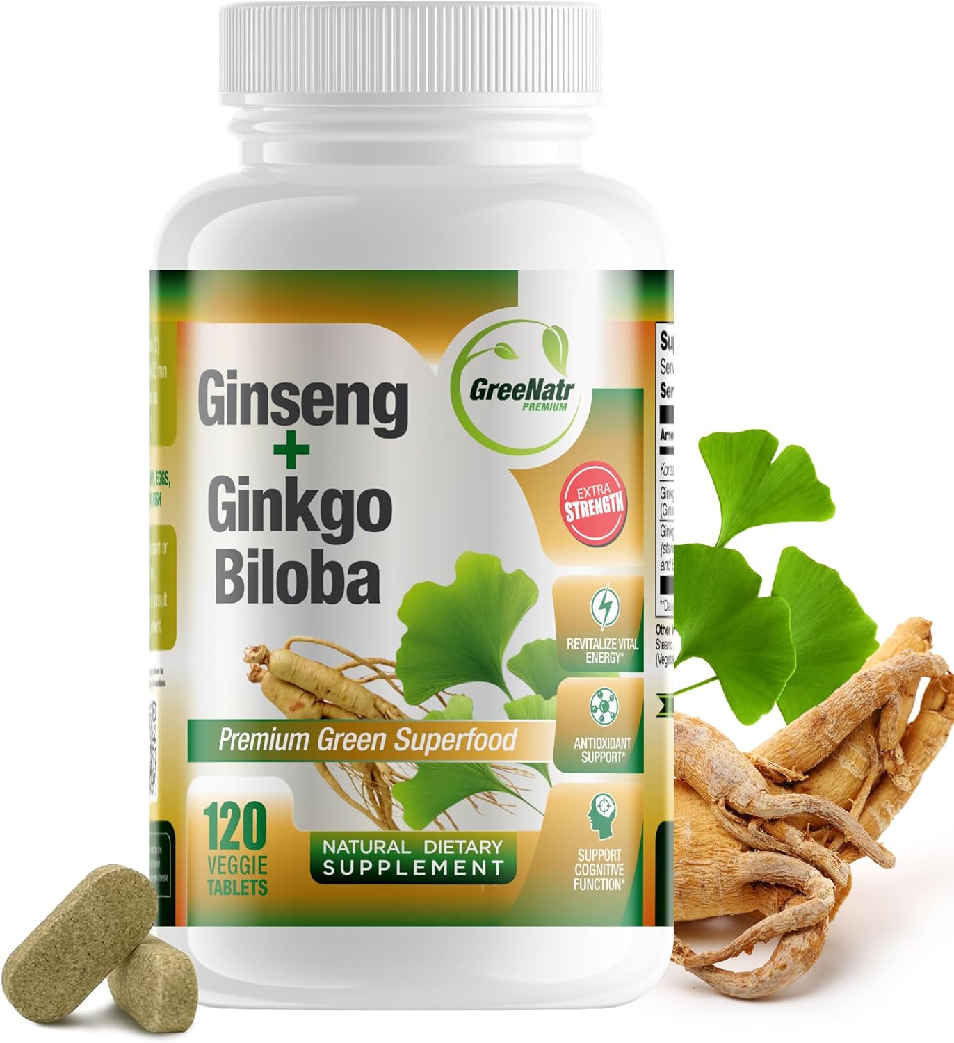 GreeNatr Ginkgo Biloba & Panax Ginseng Tablets for Memory, Focus, Vision, Immune System - 120 Count