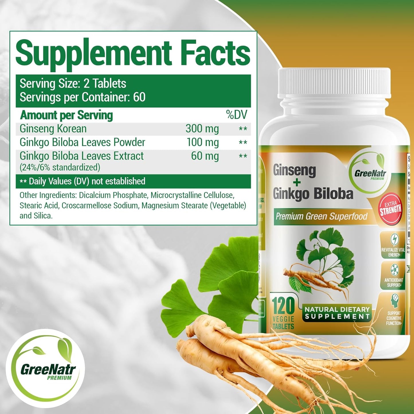 GreeNatr Ginkgo Biloba & Panax Ginseng Tablets for Memory, Focus, Vision, Immune System - 120 Count
