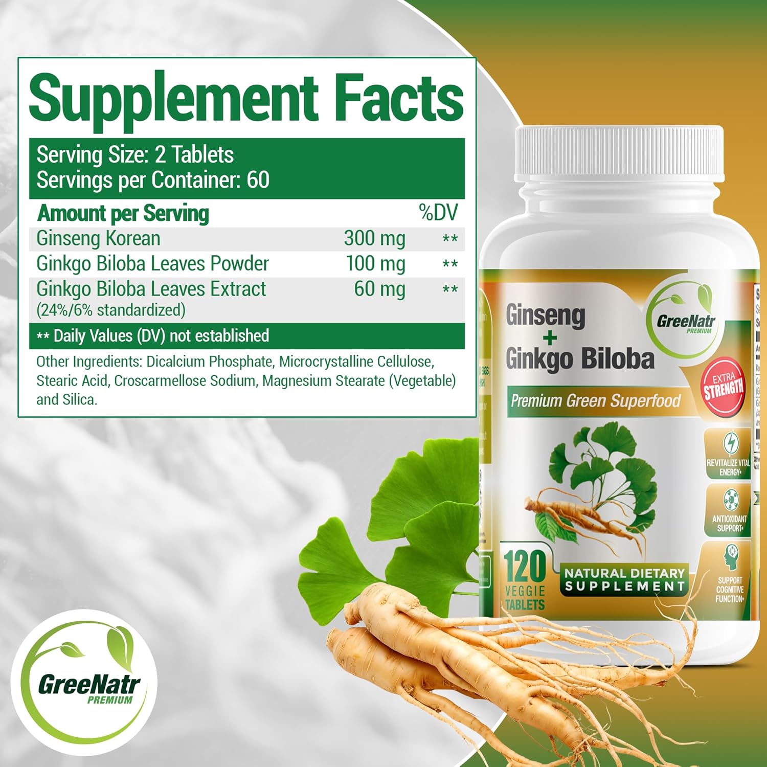 GreeNatr Ginkgo Biloba & Panax Ginseng Tablets for Memory, Focus, Vision, Immune System - 120 Count
