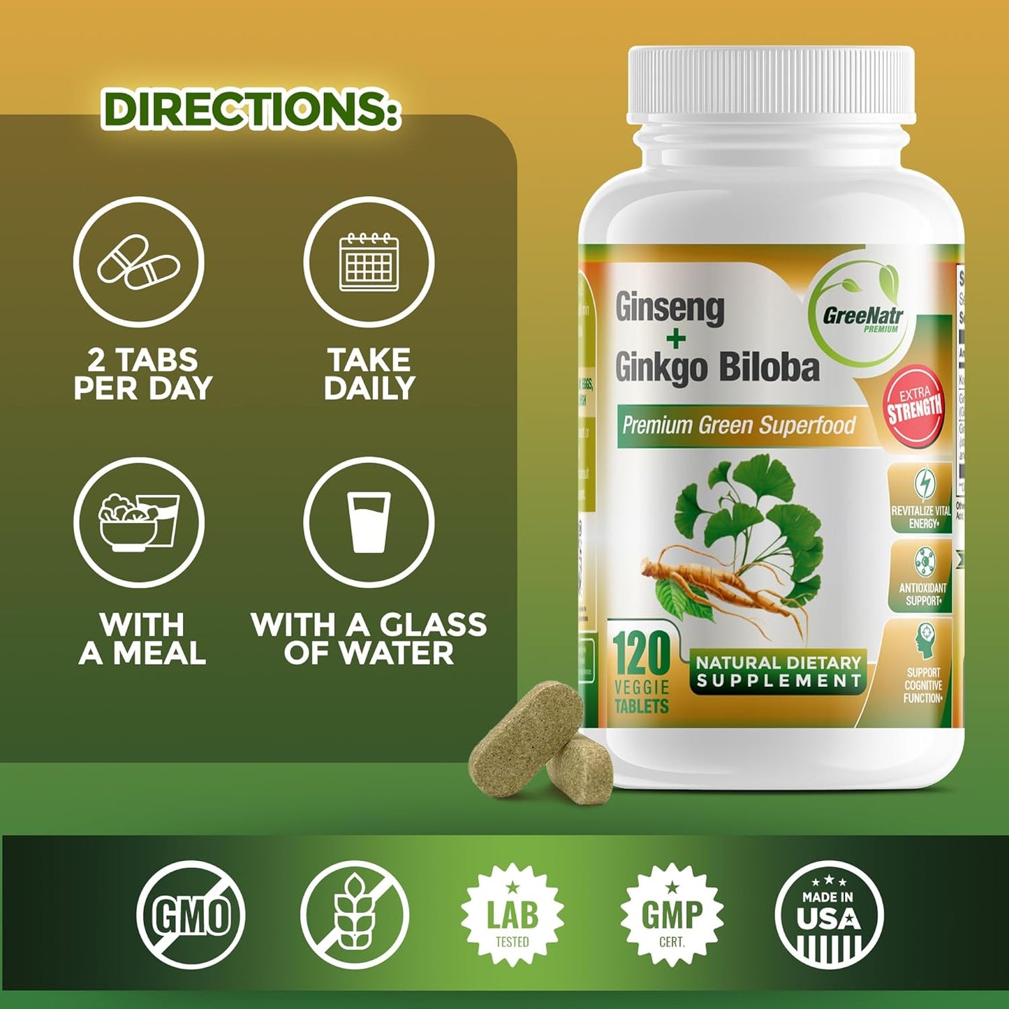GreeNatr Ginkgo Biloba & Panax Ginseng Tablets for Memory, Focus, Vision, Immune System - 120 Count