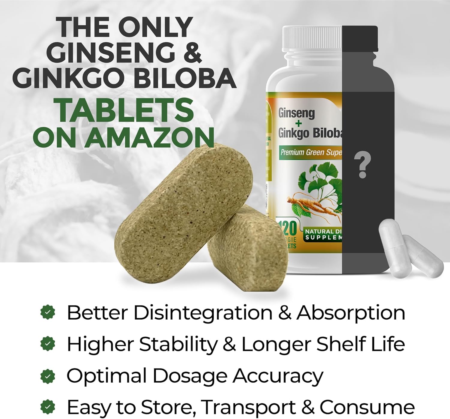 GreeNatr Ginkgo Biloba & Panax Ginseng Tablets for Memory, Focus, Vision, Immune System - 120 Count