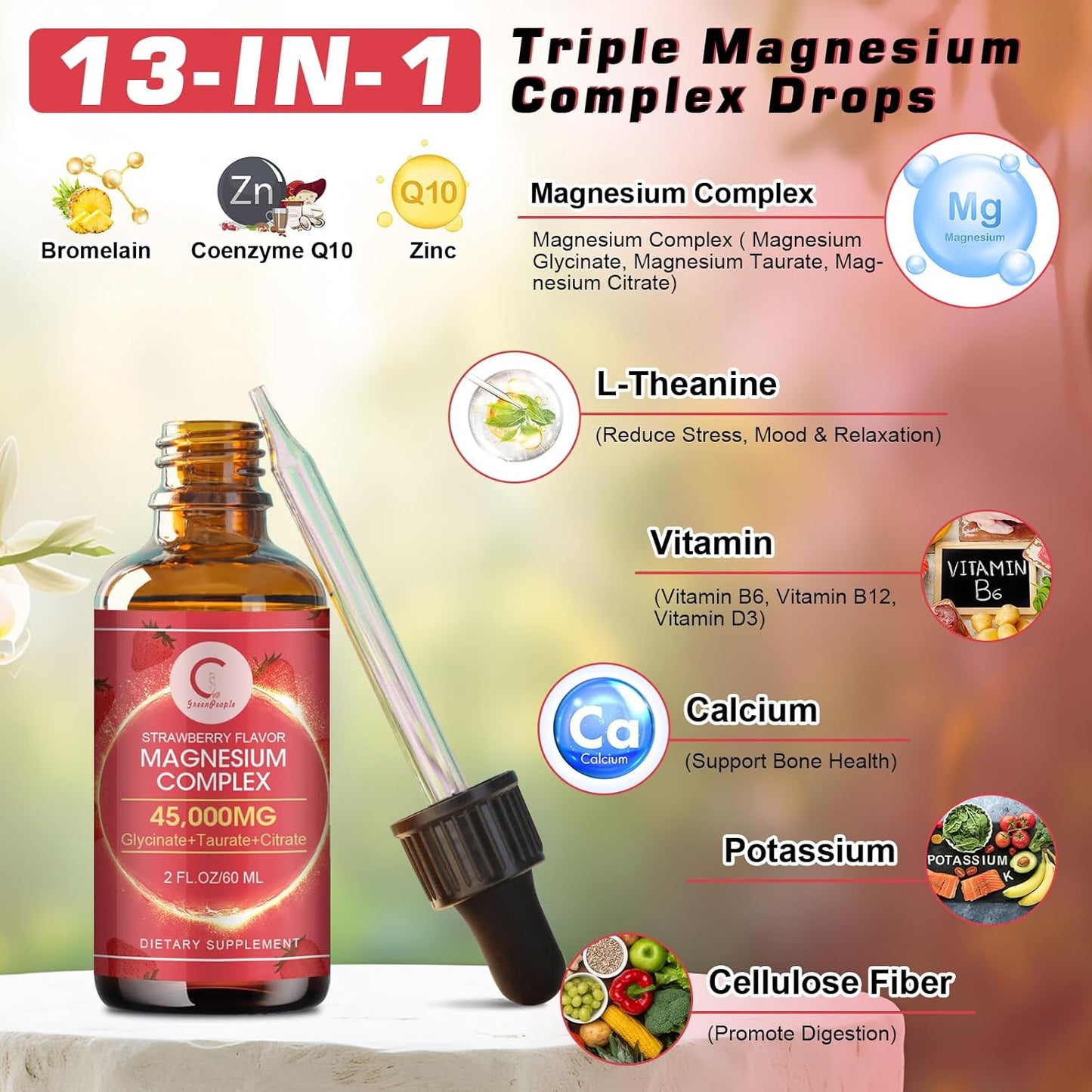 GreenPeople GPGP Triple Magnesium Complex Liquid Drops (2 Pack) with Calcium & Potassium for Energy, Sleep, Muscle Support - Strawberry Flavor, Sugar Free - 4 Fl OZ