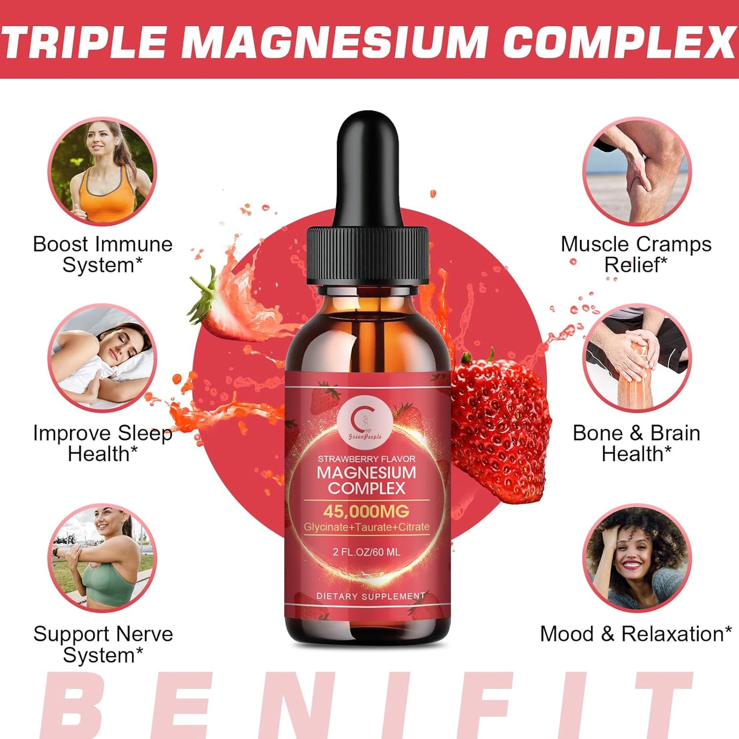GreenPeople GPGP Triple Magnesium Complex Liquid Drops (2 Pack) with Calcium & Potassium for Energy, Sleep, Muscle Support - Strawberry Flavor, Sugar Free - 4 Fl OZ