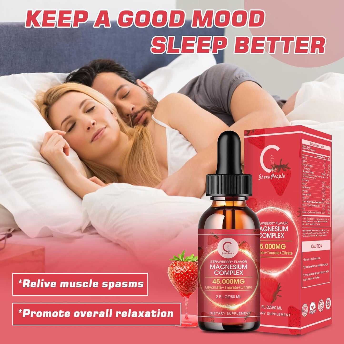 GreenPeople GPGP Triple Magnesium Complex Liquid Drops (2 Pack) with Calcium & Potassium for Energy, Sleep, Muscle Support - Strawberry Flavor, Sugar Free - 4 Fl OZ