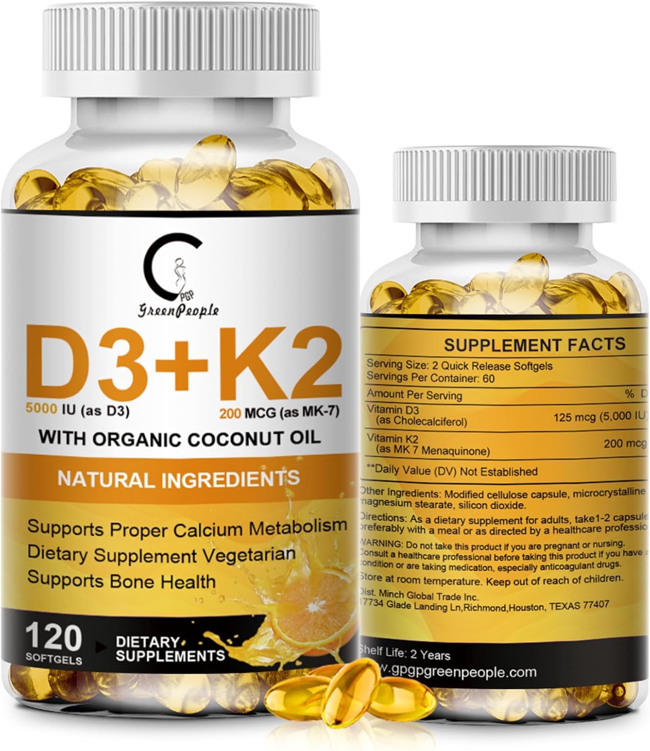 GreenPeople GPGP Vitamin D3 K2 Supplement - 5000 IU D3, 200 mcg K2 MK-7, Coconut Oil - Plant-Based Formula for Bone, Teeth, Muscle, Immune Health - 120 Softgels