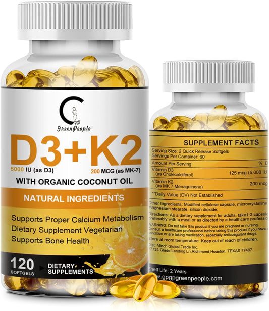 GreenPeople GPGP Vitamin D3 K2 Supplement - 5000 IU D3, 200 mcg K2 MK-7, Coconut Oil - Plant-Based Formula for Bone, Teeth, Muscle, Immune Health - 120 Softgels
