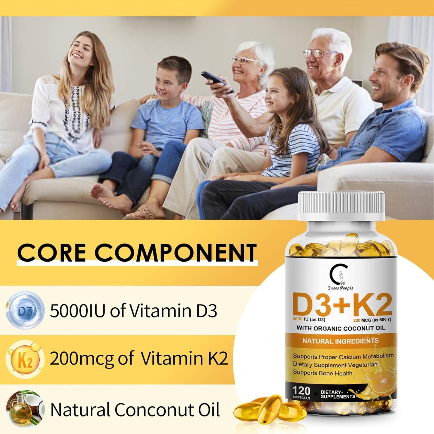 GreenPeople GPGP Vitamin D3 K2 Supplement - 5000 IU D3, 200 mcg K2 MK-7, Coconut Oil - Plant-Based Formula for Bone, Teeth, Muscle, Immune Health - 120 Softgels
