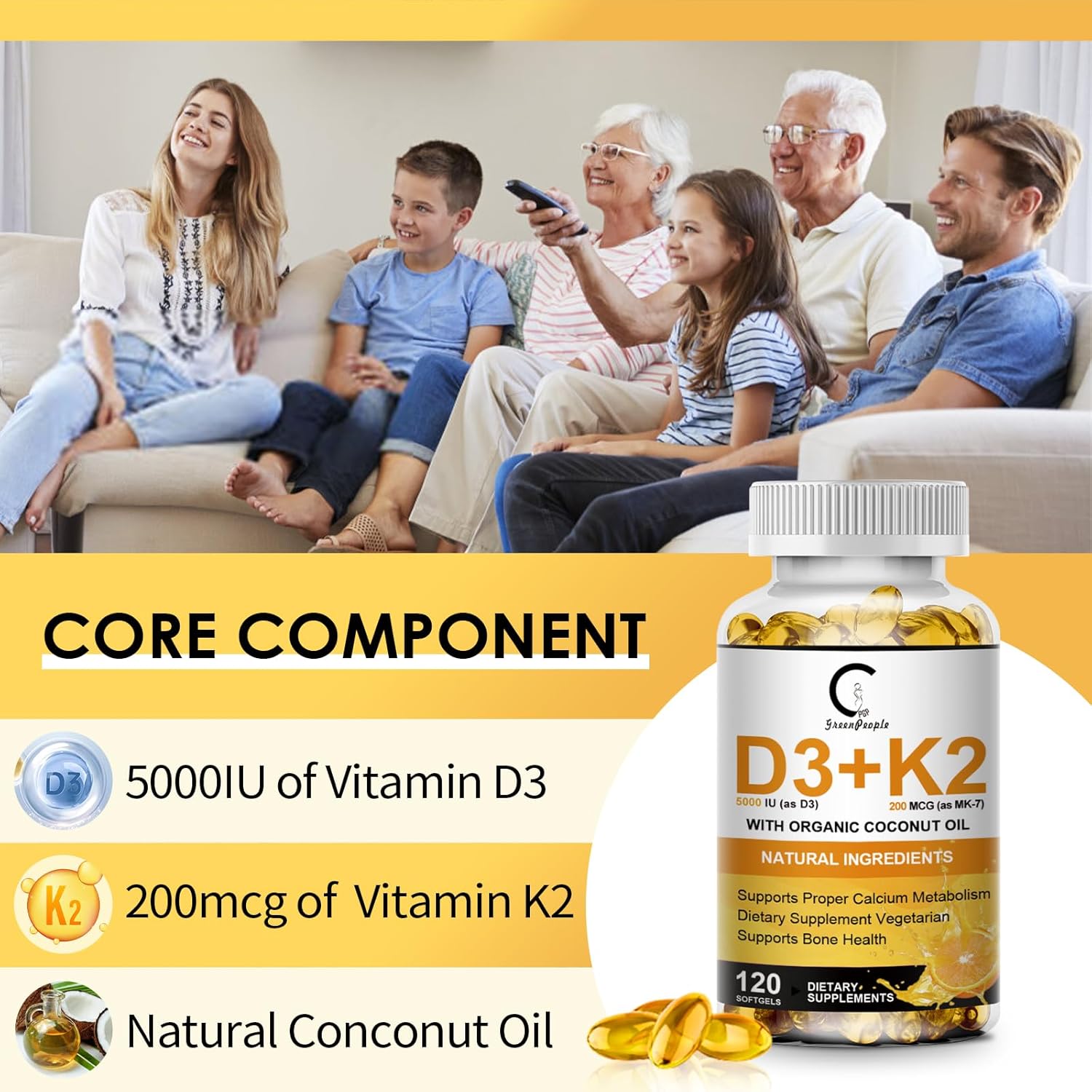 GreenPeople GPGP Vitamin D3 K2 Supplement - 5000 IU D3, 200 mcg K2 MK-7, Coconut Oil - Plant-Based Formula for Bone, Teeth, Muscle, Immune Health - 120 Softgels