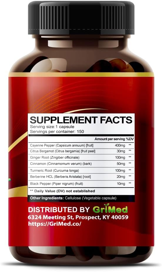 GriMed Ultra Cayenne Pepper 15-Day Power Blend for Digestion & Immune Support - 20,200mg with Ginger, Cinnamon, Turmeric, Berberine, Citrus Bergamot - USA Made & Tested (150 Count)