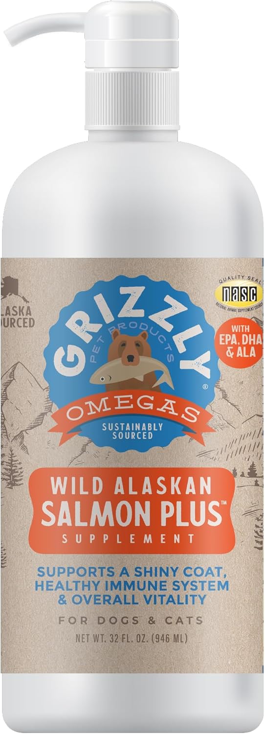 Grizzly All-Natural Wild Alaskan Salmon Oil Dog Food Supplement - Omega 3 Fatty Acids - 32 oz Bottle