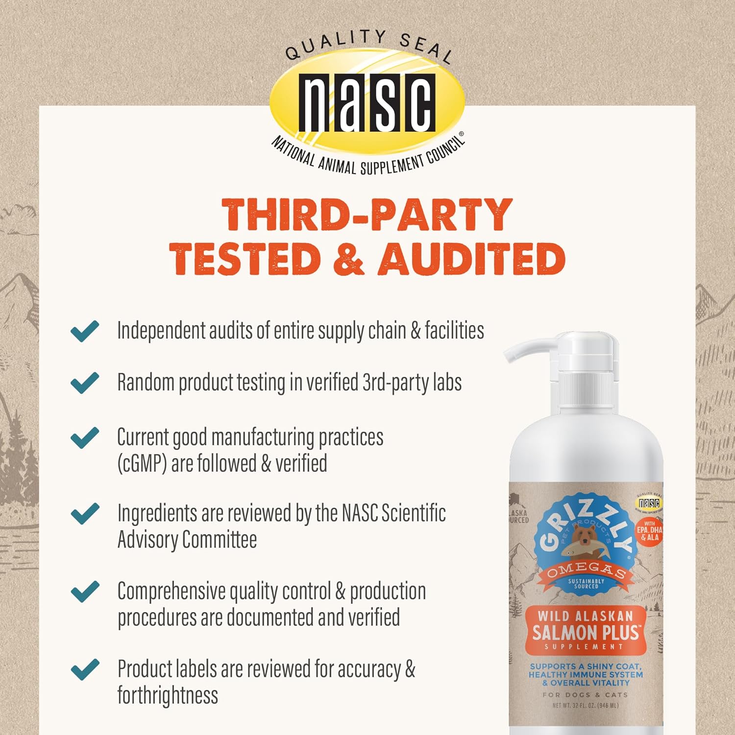 Grizzly All-Natural Wild Alaskan Salmon Oil Dog Food Supplement - Omega 3 Fatty Acids - 32 oz Bottle