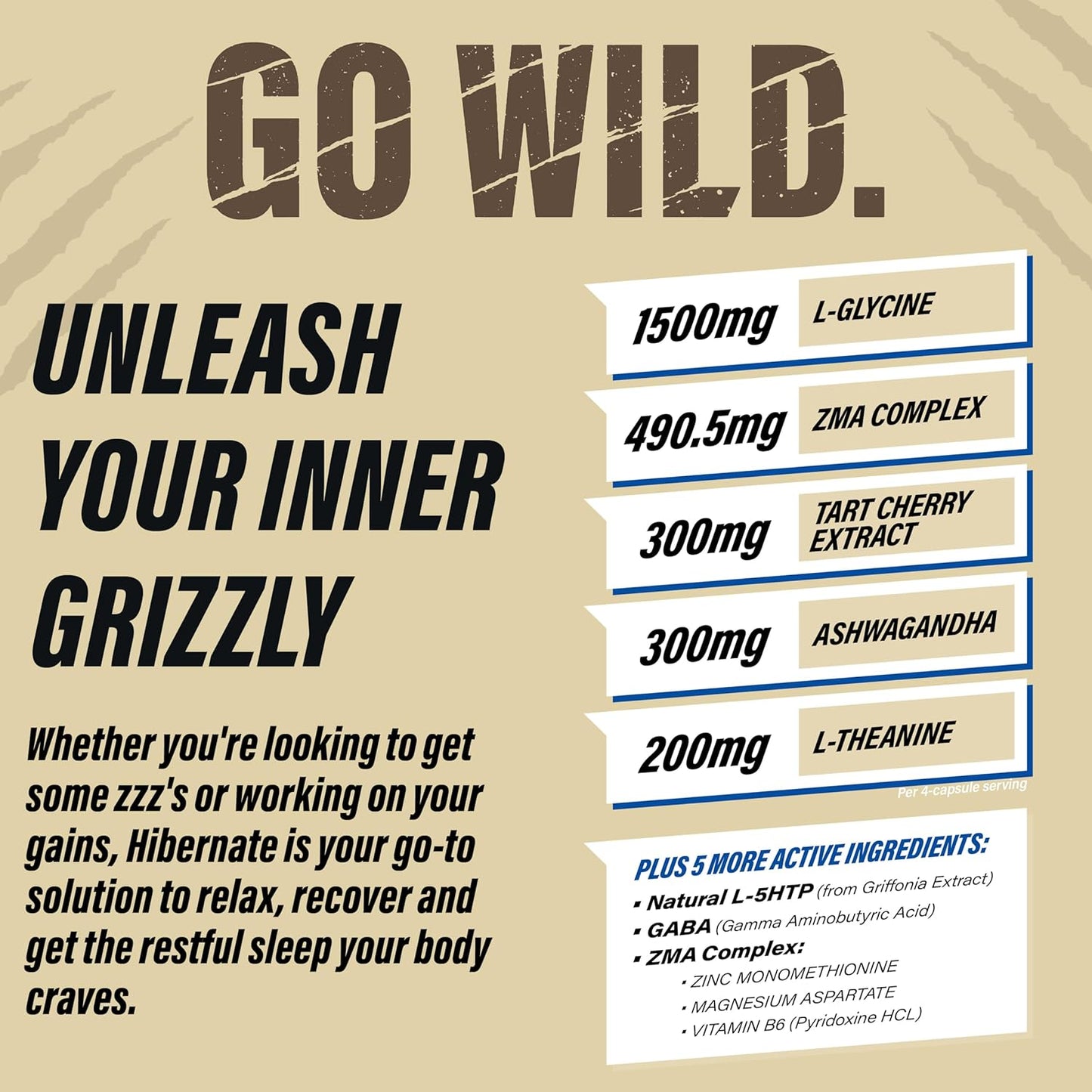 Grizzly Hibernate Sleep Supplement for Post-Workout Growth & Muscle Recovery - Ashwagandha, L-Theanine, GABA, 5HTP, Magnesium, Zinc - 120 Count
