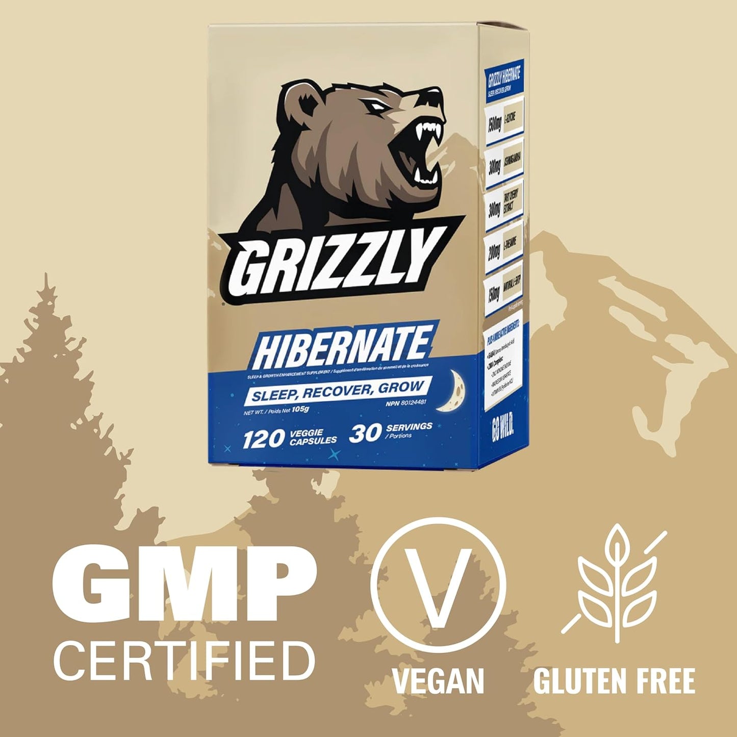 Grizzly Hibernate Sleep Supplement for Post-Workout Growth & Muscle Recovery - Ashwagandha, L-Theanine, GABA, 5HTP, Magnesium, Zinc - 120 Count