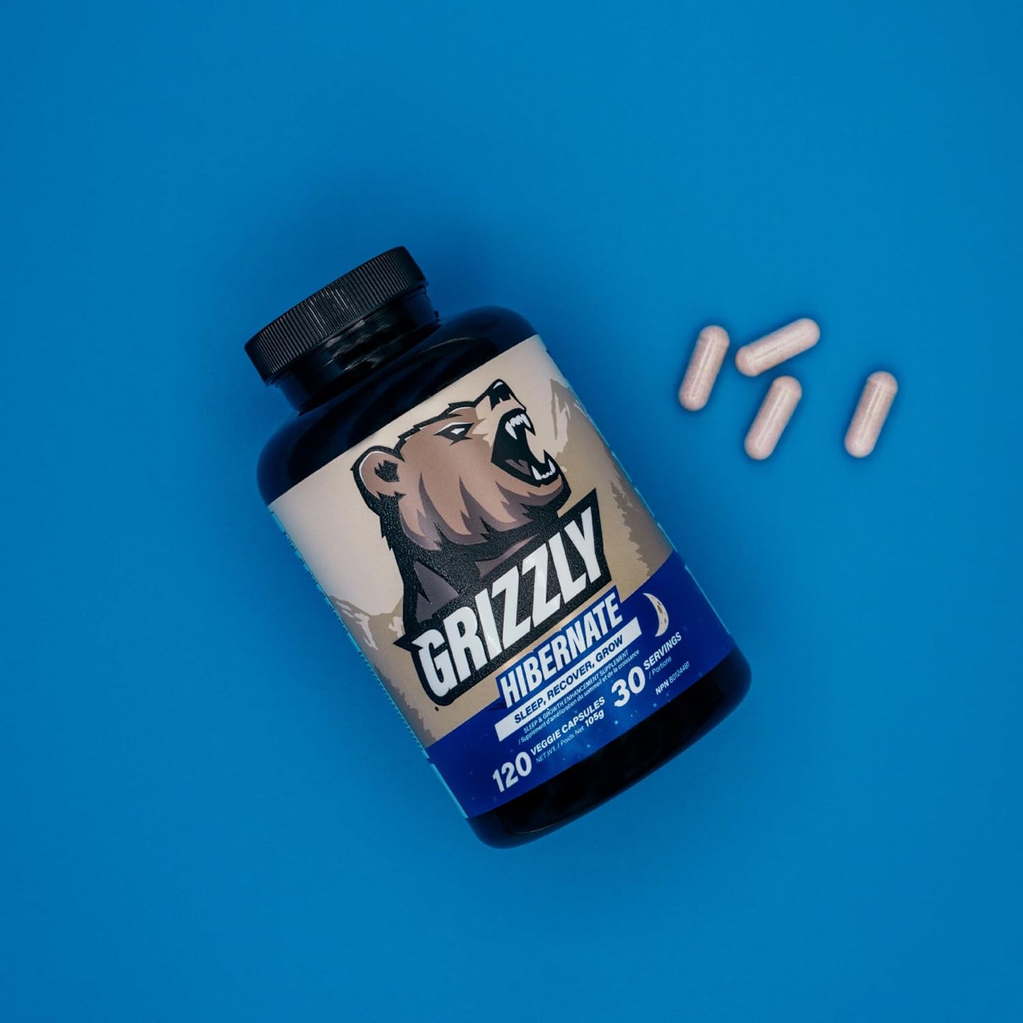 Grizzly Hibernate Sleep Supplement for Post-Workout Growth & Muscle Recovery - Ashwagandha, L-Theanine, GABA, 5HTP, Magnesium, Zinc - 120 Count