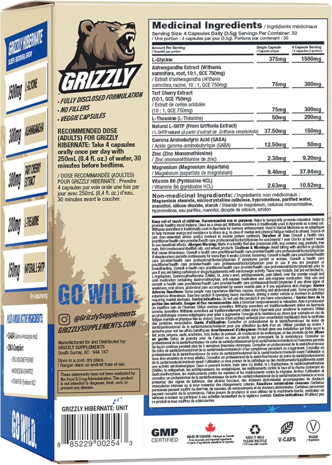 Grizzly Hibernate Sleep Supplement for Post-Workout Growth & Muscle Recovery - Ashwagandha, L-Theanine, GABA, 5HTP, Magnesium, Zinc - 120 Count