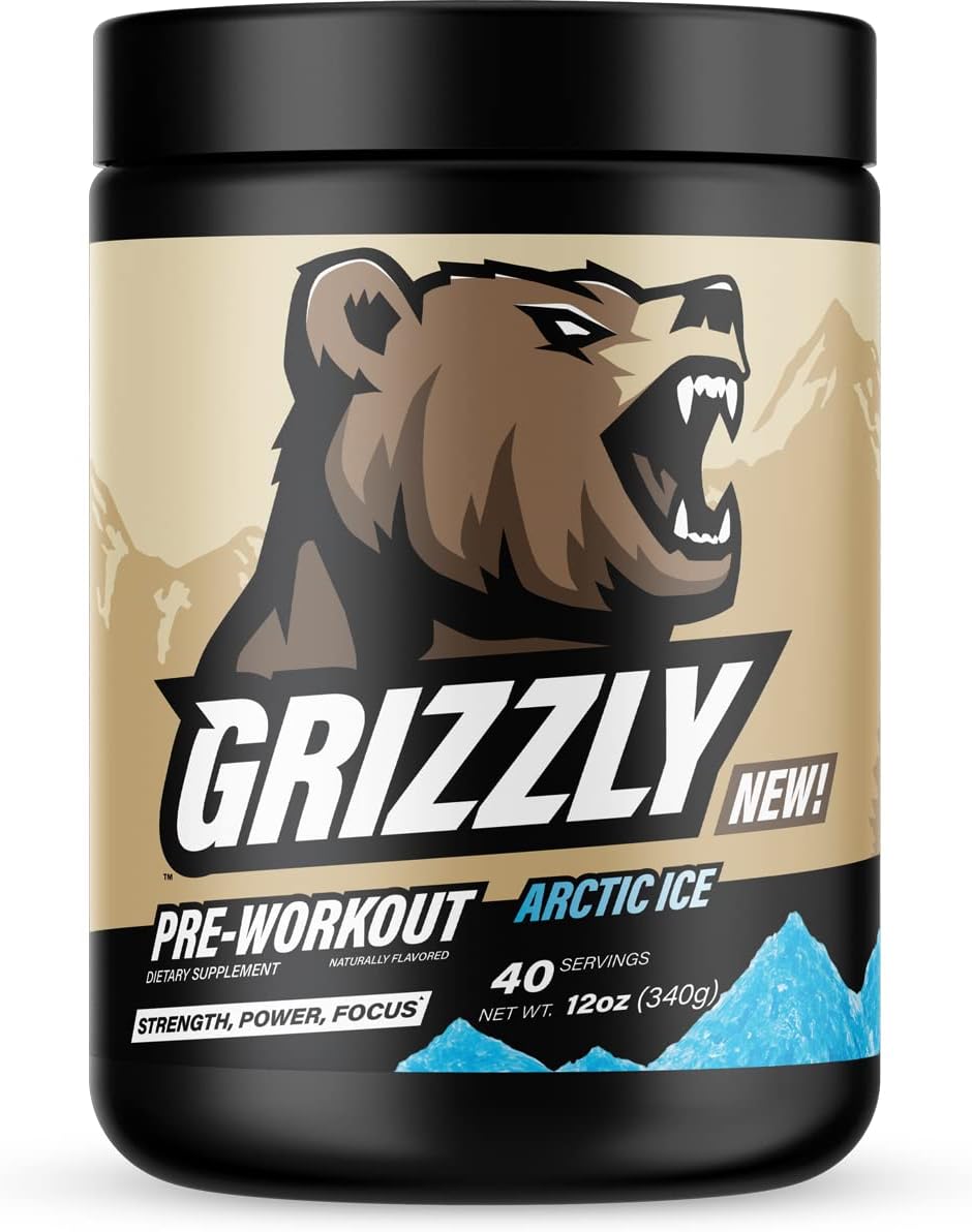 Grizzly Pre Workout Powder - Essential Aminos, L-Citrulline, Beta Alanine, Caffeine - Energy Drink Mix for Power & Focus - Arctic Ice - 40 Servings