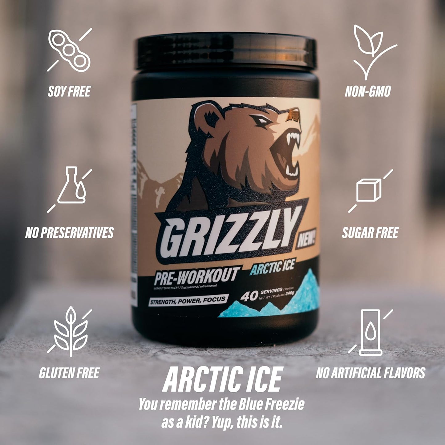 Grizzly Pre Workout Powder - Essential Aminos, L-Citrulline, Beta Alanine, Caffeine - Energy Drink Mix for Power & Focus - Arctic Ice - 40 Servings