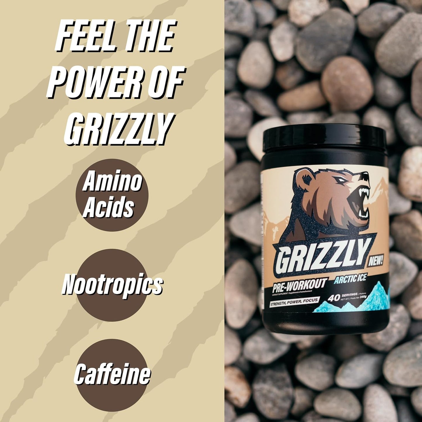 Grizzly Pre Workout Powder - Essential Aminos, L-Citrulline, Beta Alanine, Caffeine - Energy Drink Mix for Power & Focus - Arctic Ice - 40 Servings