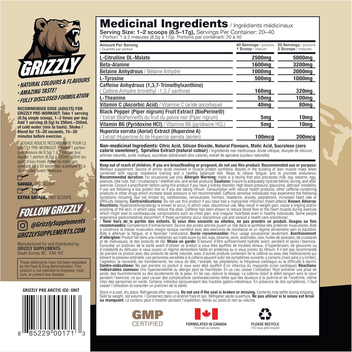 Grizzly Pre Workout Powder - Essential Aminos, L-Citrulline, Beta Alanine, Caffeine - Energy Drink Mix for Power & Focus - Arctic Ice - 40 Servings