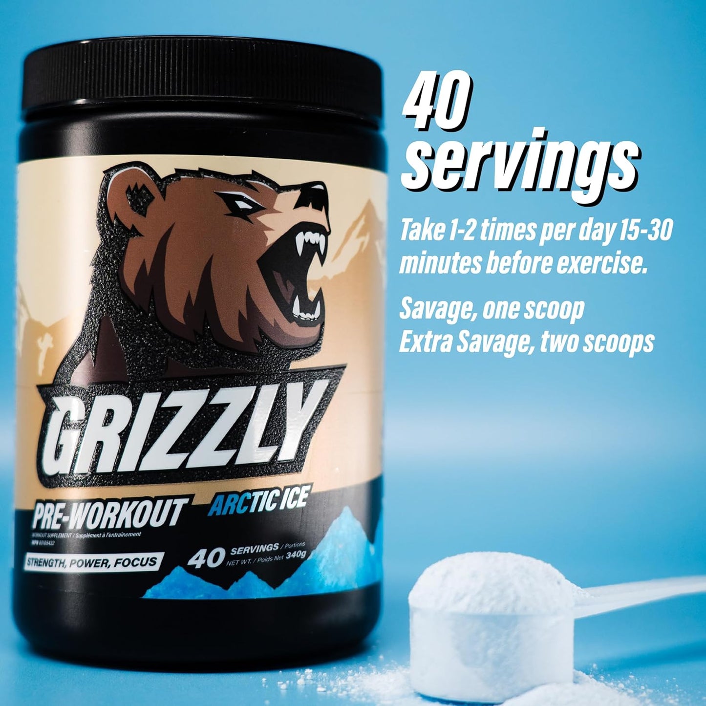 Grizzly Pre Workout Powder - Essential Aminos, L-Citrulline, Beta Alanine, Caffeine - Energy Drink Mix for Power & Focus - Arctic Ice - 40 Servings