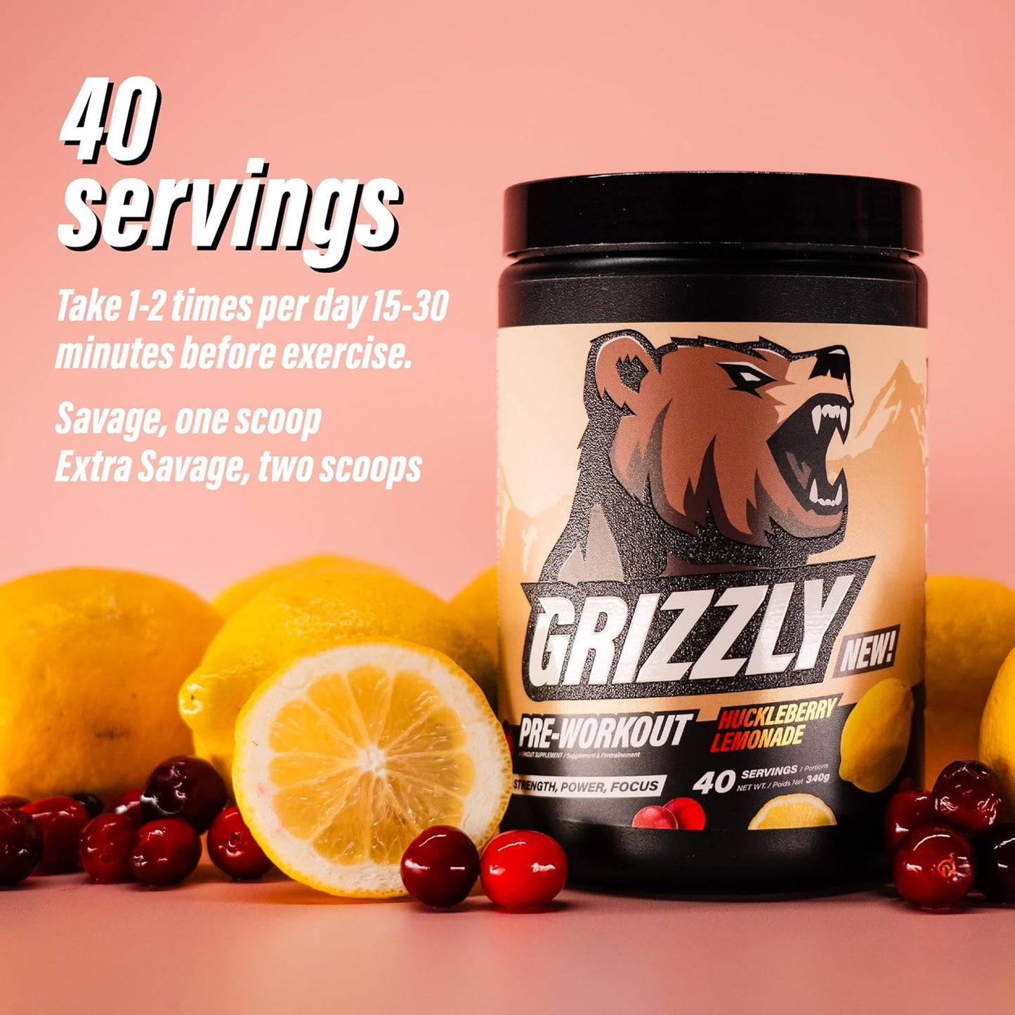 GRIZZLY Pre Workout Powder with Aminos & Caffeine - Energy Drink Mix for Power & Focus - Huckleberry Lemonade - 40 Servings