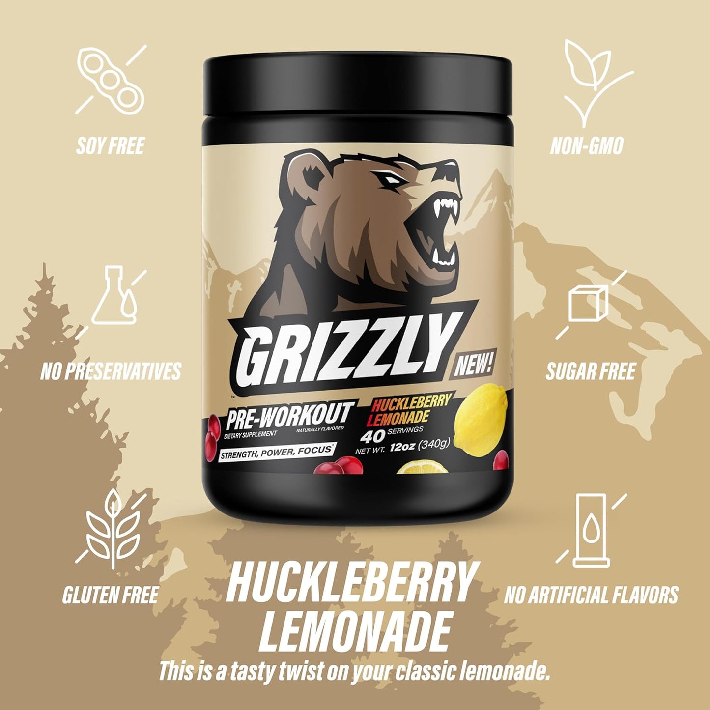 GRIZZLY Pre Workout Powder with Aminos & Caffeine - Energy Drink Mix for Power & Focus - Huckleberry Lemonade - 40 Servings