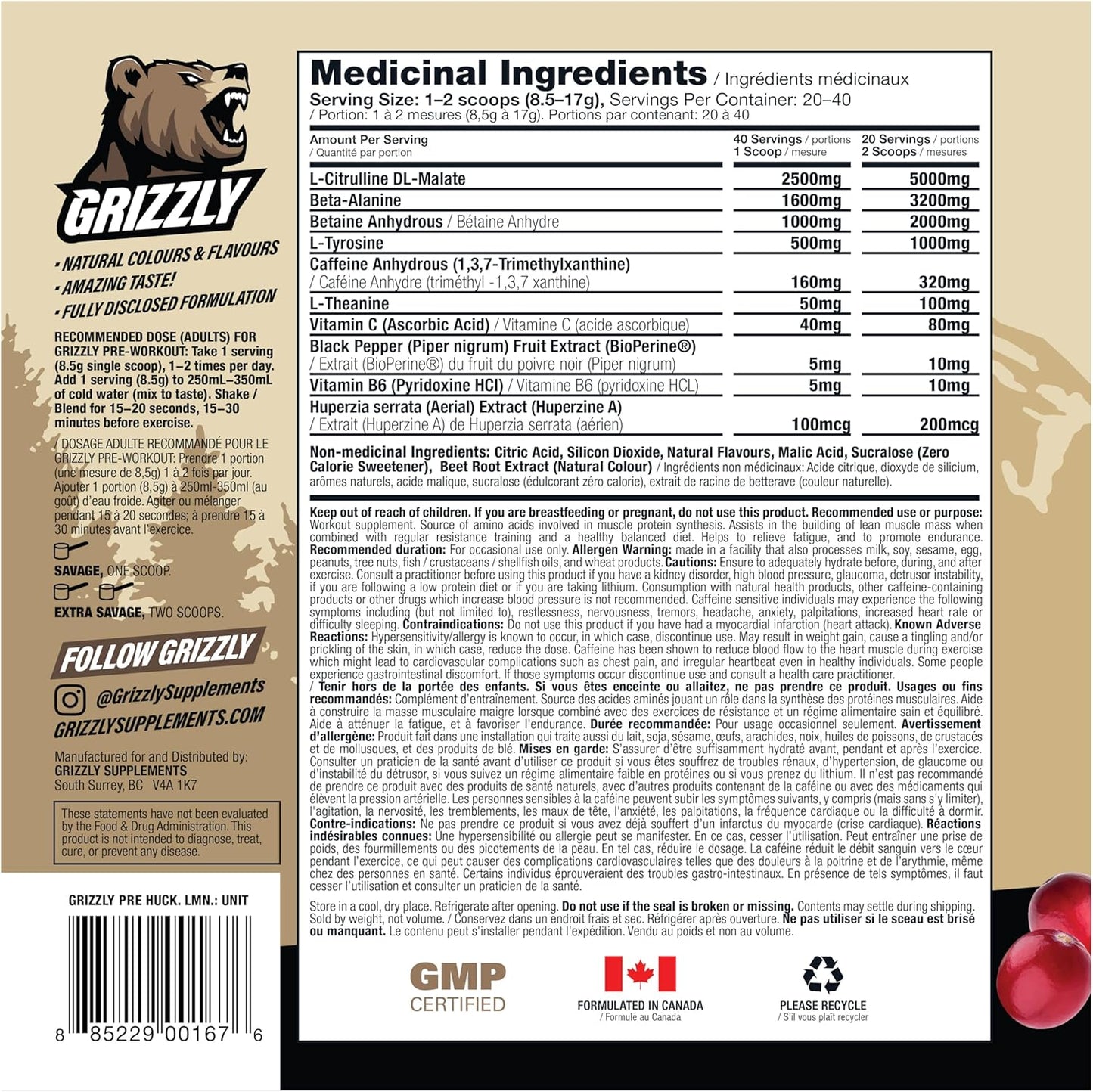 GRIZZLY Pre Workout Powder with Aminos & Caffeine - Energy Drink Mix for Power & Focus - Huckleberry Lemonade - 40 Servings