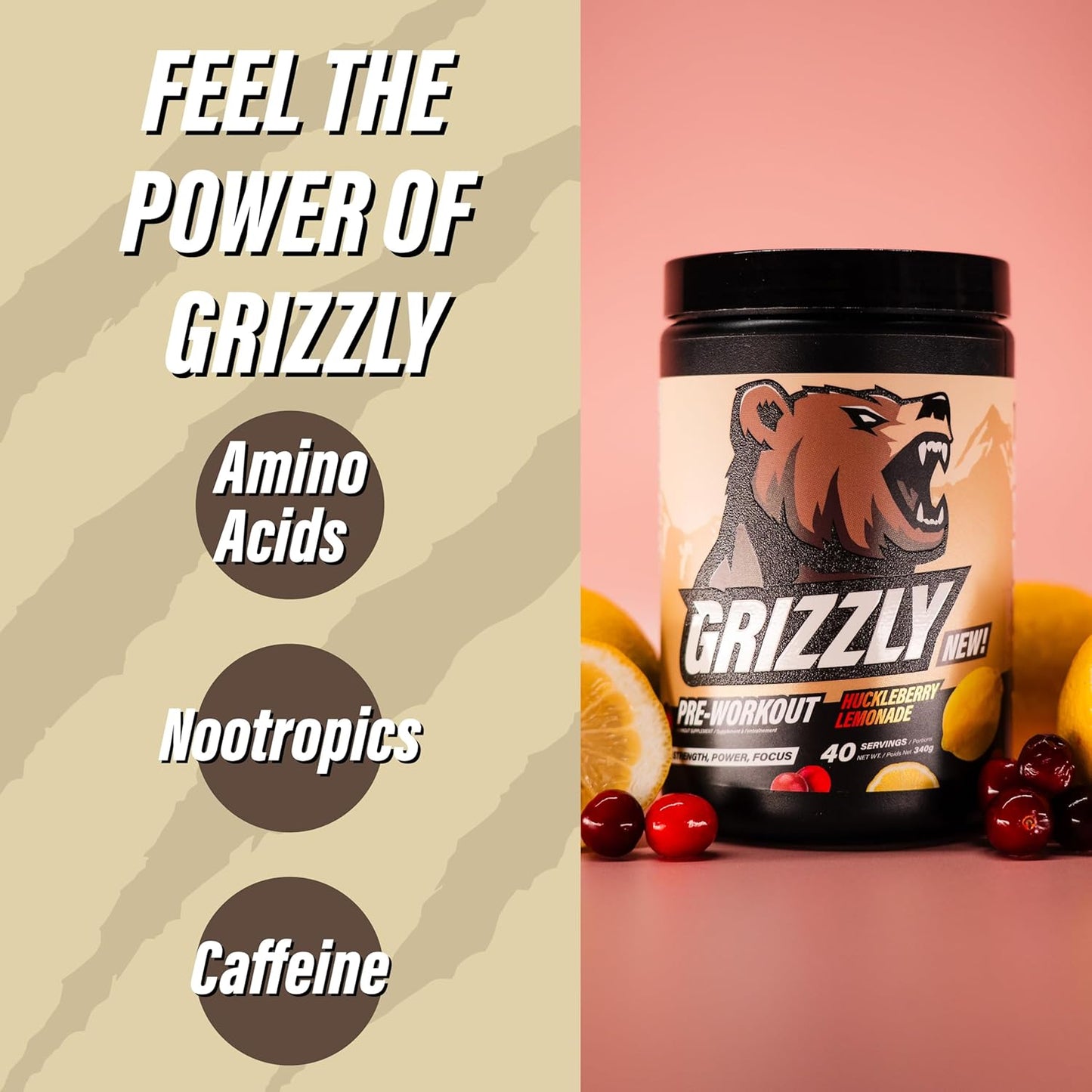 GRIZZLY Pre Workout Powder with Aminos & Caffeine - Energy Drink Mix for Power & Focus - Huckleberry Lemonade - 40 Servings