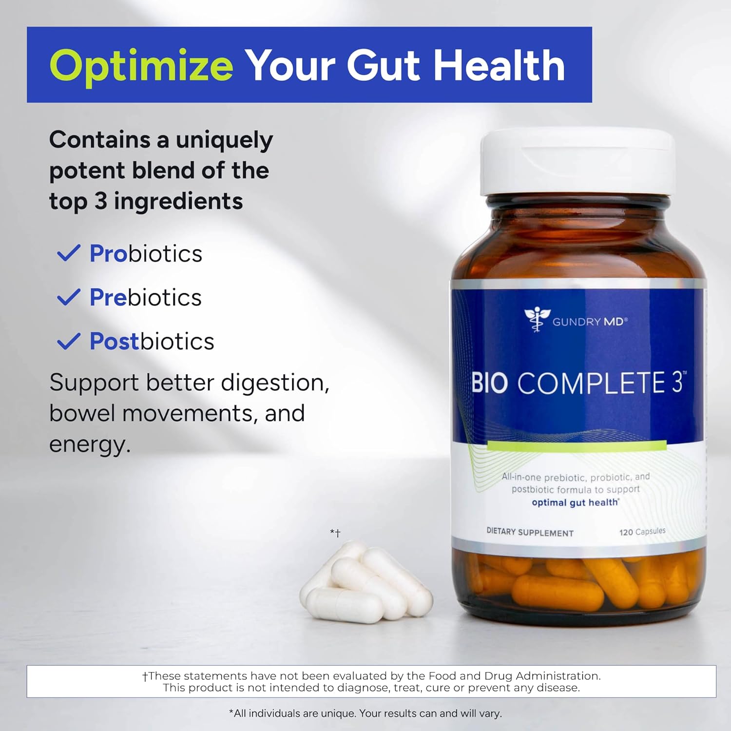 Gundry MD Bio Complete 3: 3-in-1 Probiotic Supplement for Gut Health, Digestion, Bloating, Gas, Energy, Skin, and Focus - 30 Day Supply