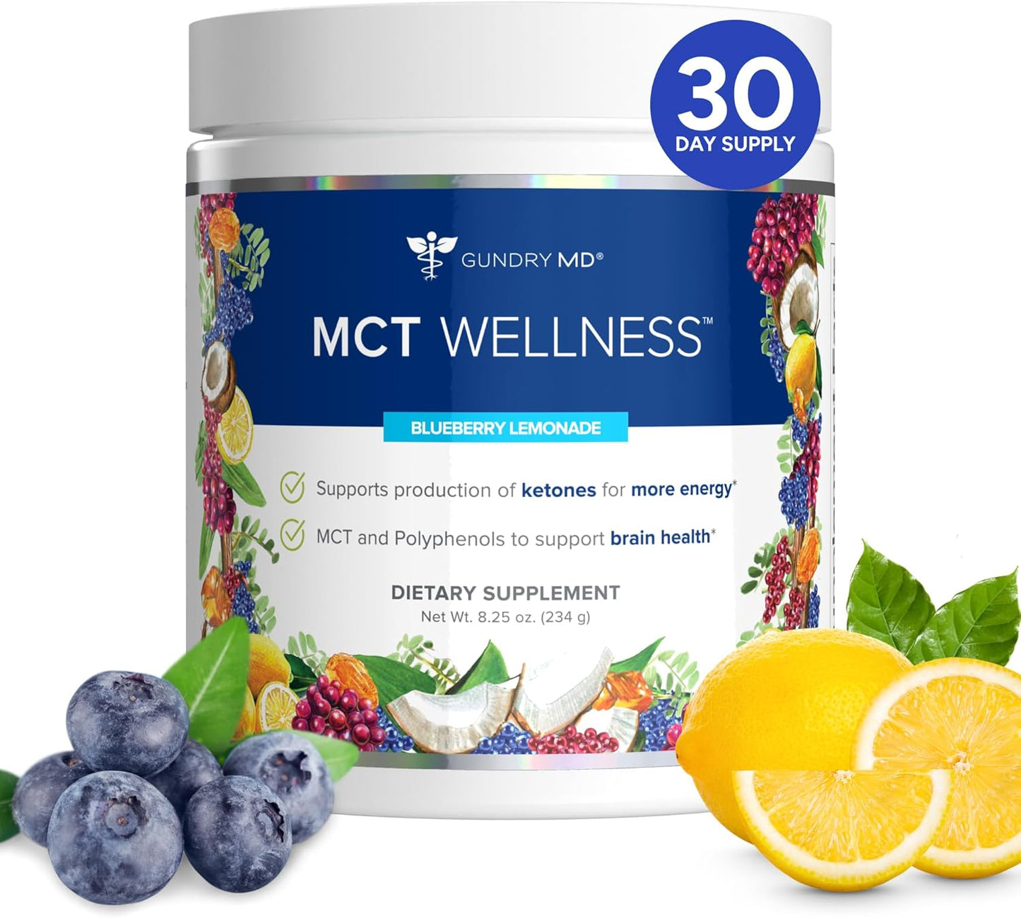 Gundry MD Blueberry Lemonade MCT Wellness Powder - Supports Energy, Ketone Production & Brain Health - Keto-Friendly & Sugar-Free - 30 Servings