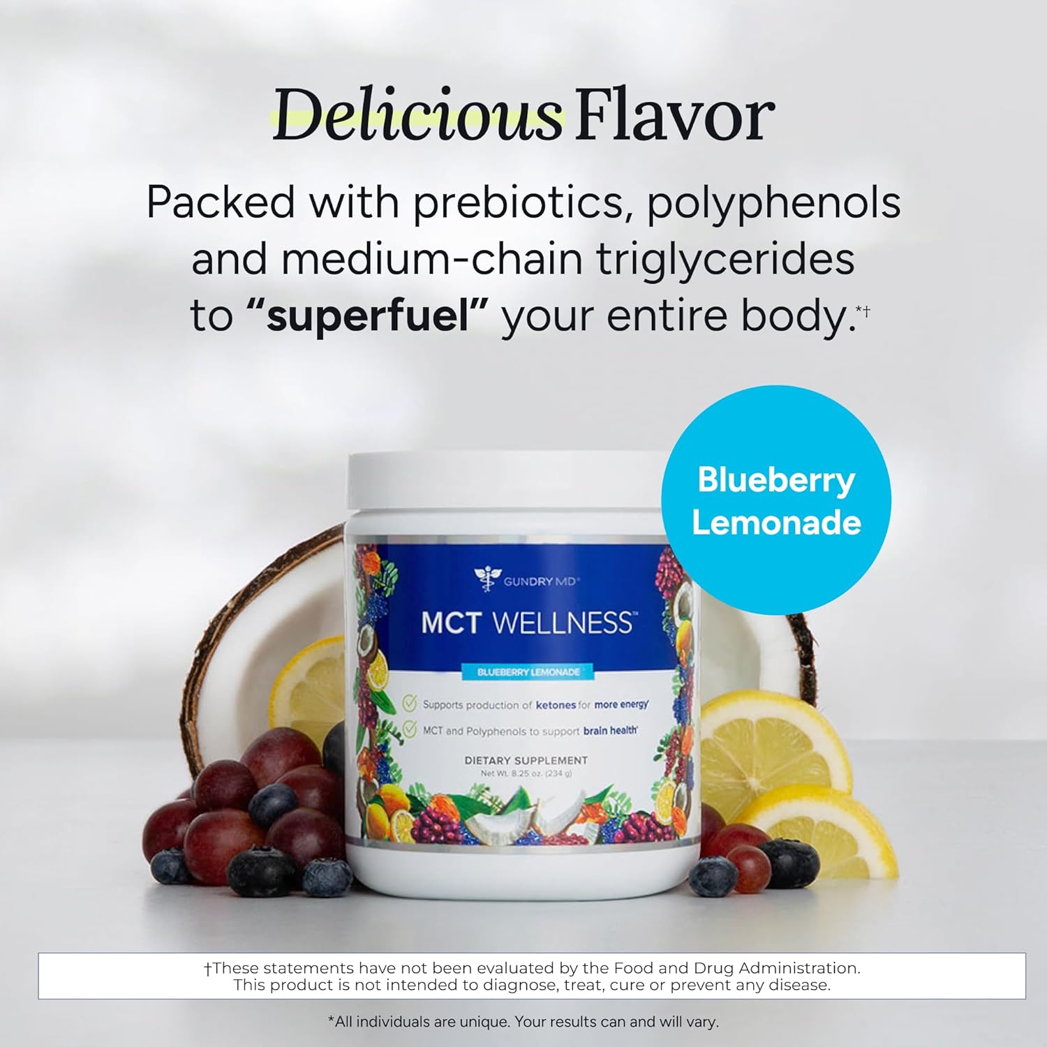 Gundry MD Blueberry Lemonade MCT Wellness Powder - Supports Energy, Ketone Production & Brain Health - Keto-Friendly & Sugar-Free - 30 Servings