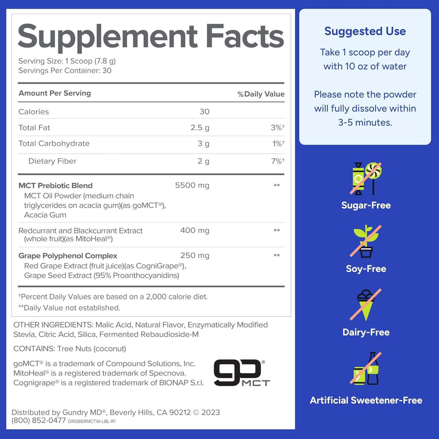 Gundry MD Blueberry Lemonade MCT Wellness Powder - Supports Energy, Ketone Production & Brain Health - Keto-Friendly & Sugar-Free - 30 Servings