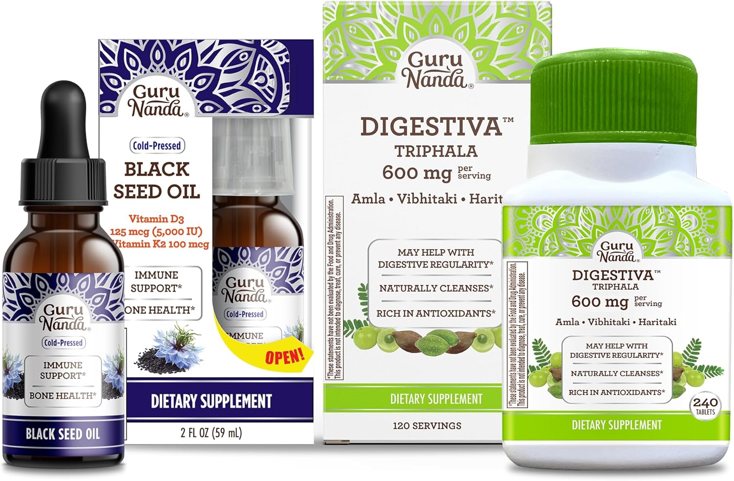 GuruNanda Black Seed Oil Tablets with Digestive Support & Vitamin D3 - 240 Count Cold-Pressed Nigella Sativa for Bloating Relief
