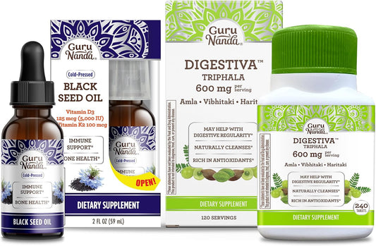 GuruNanda Black Seed Oil Tablets with Digestive Support & Vitamin D3 - 240 Count Cold-Pressed Nigella Sativa for Bloating Relief