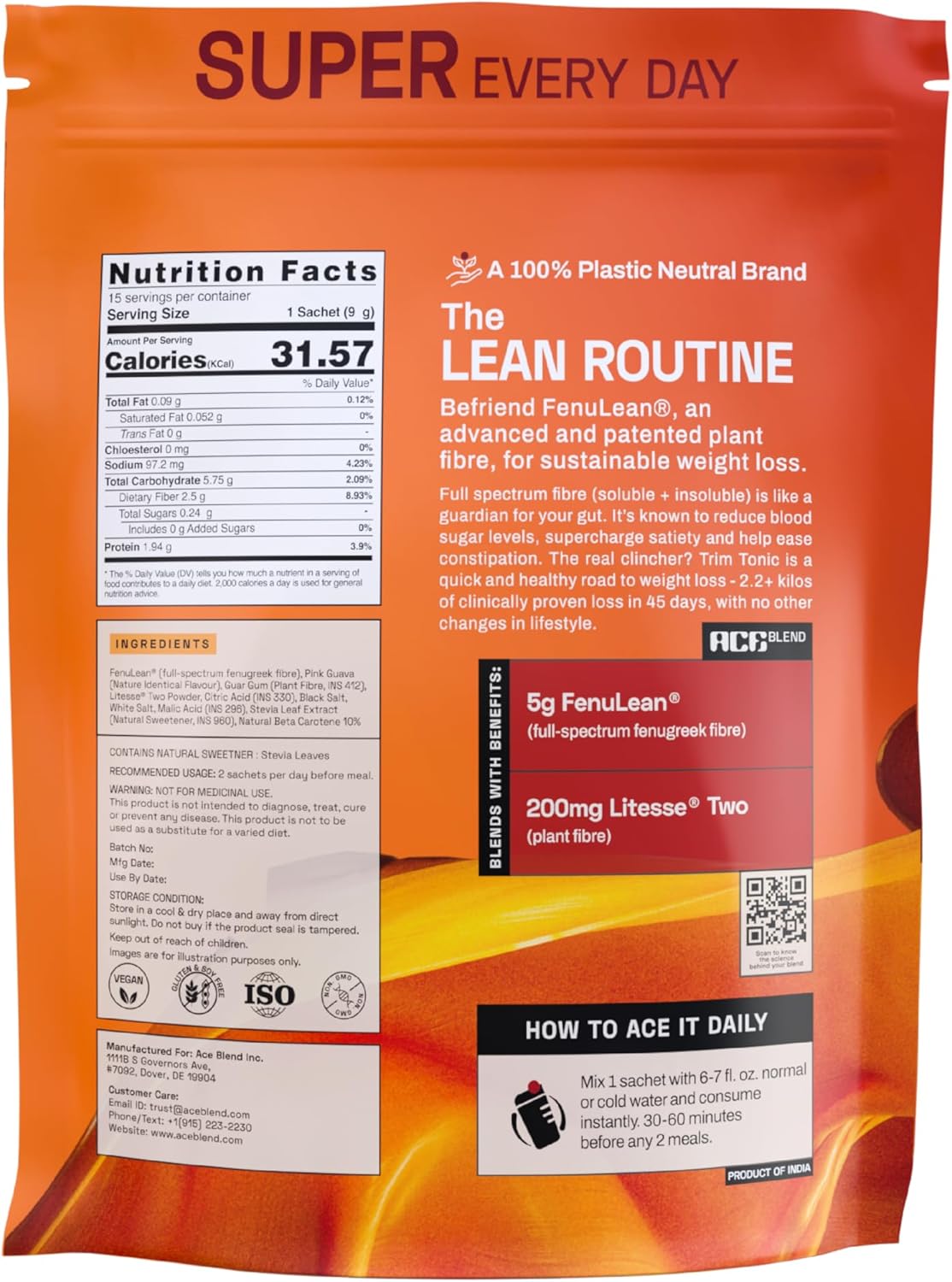 Gut Health Fiber Boost with Ace Blend Trim Tonic - 15 Servings, Psyllium-Free, Soluble and Insoluble, 15 Sachets